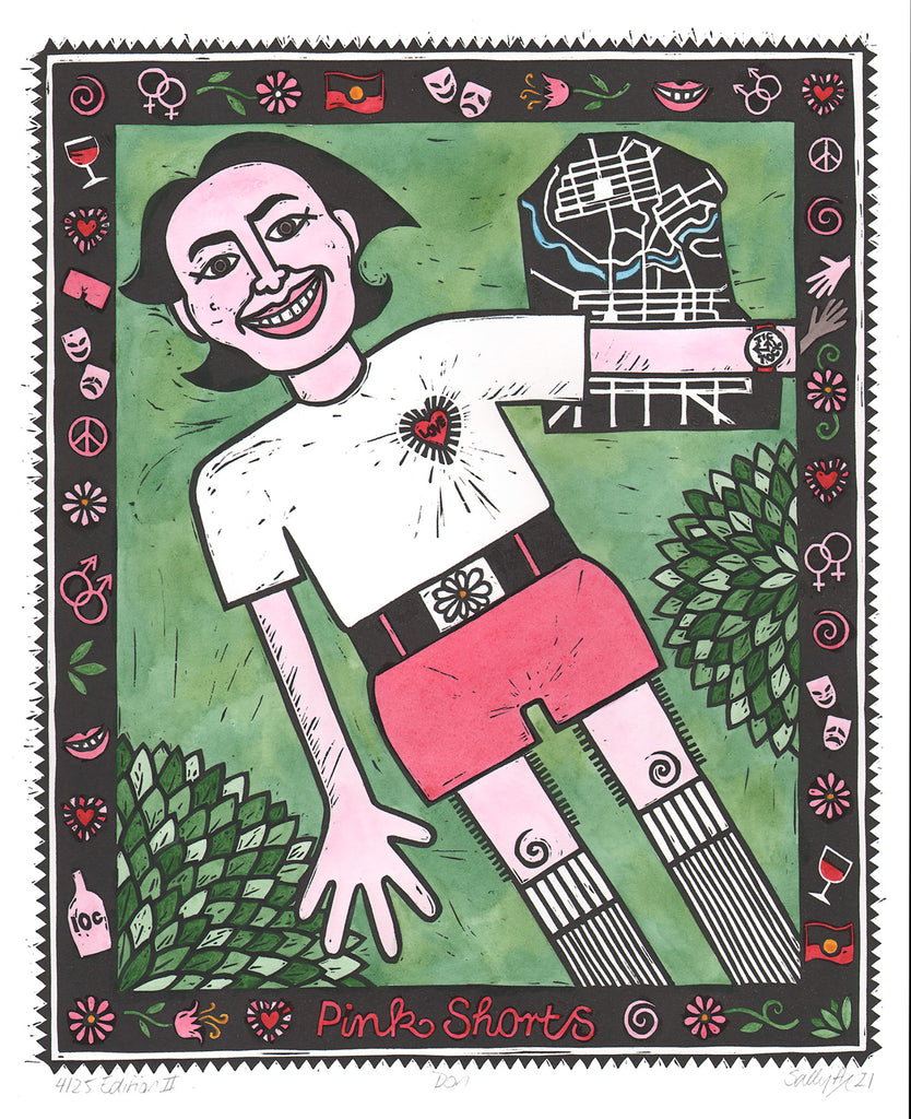 An illustration of Don Dunstan in pink shorts by Adelaide artist Sally Heinrich.