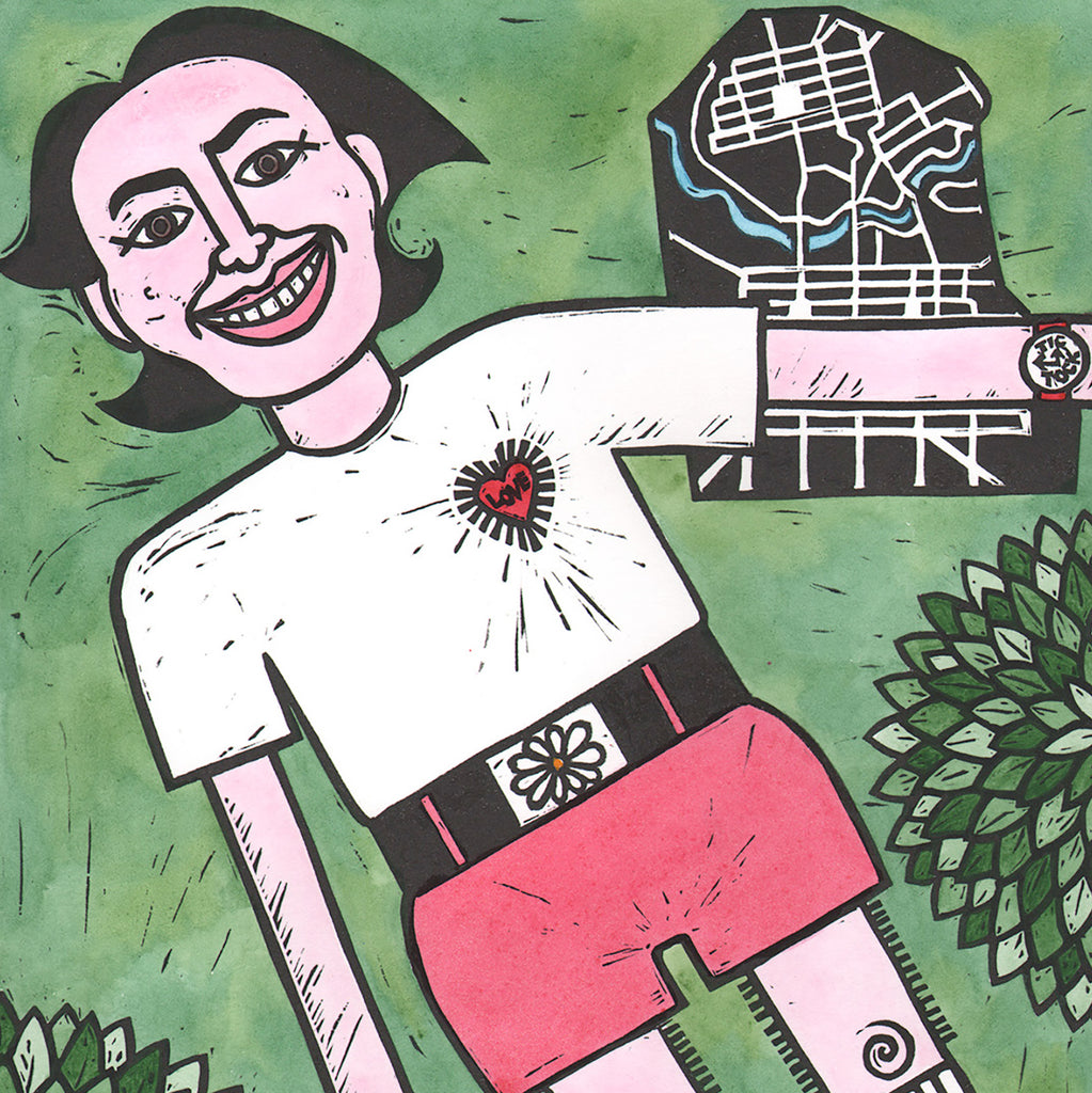 An illustration of Don Dunstan in pink shorts by Adelaide artist Sally Heinrich.